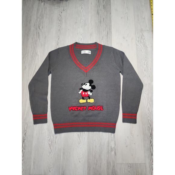 Disney Sweaters - Mickey Mouse Unisex Small Gray V-Neck Knit Sweater Embroidered Mickey